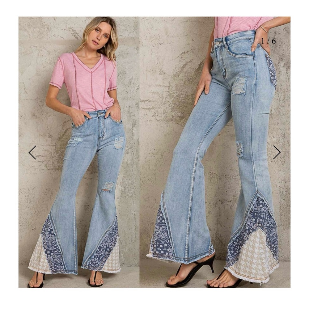 NEW - POL Patchwork Bell Bottom Jeans with Raw Hem Details